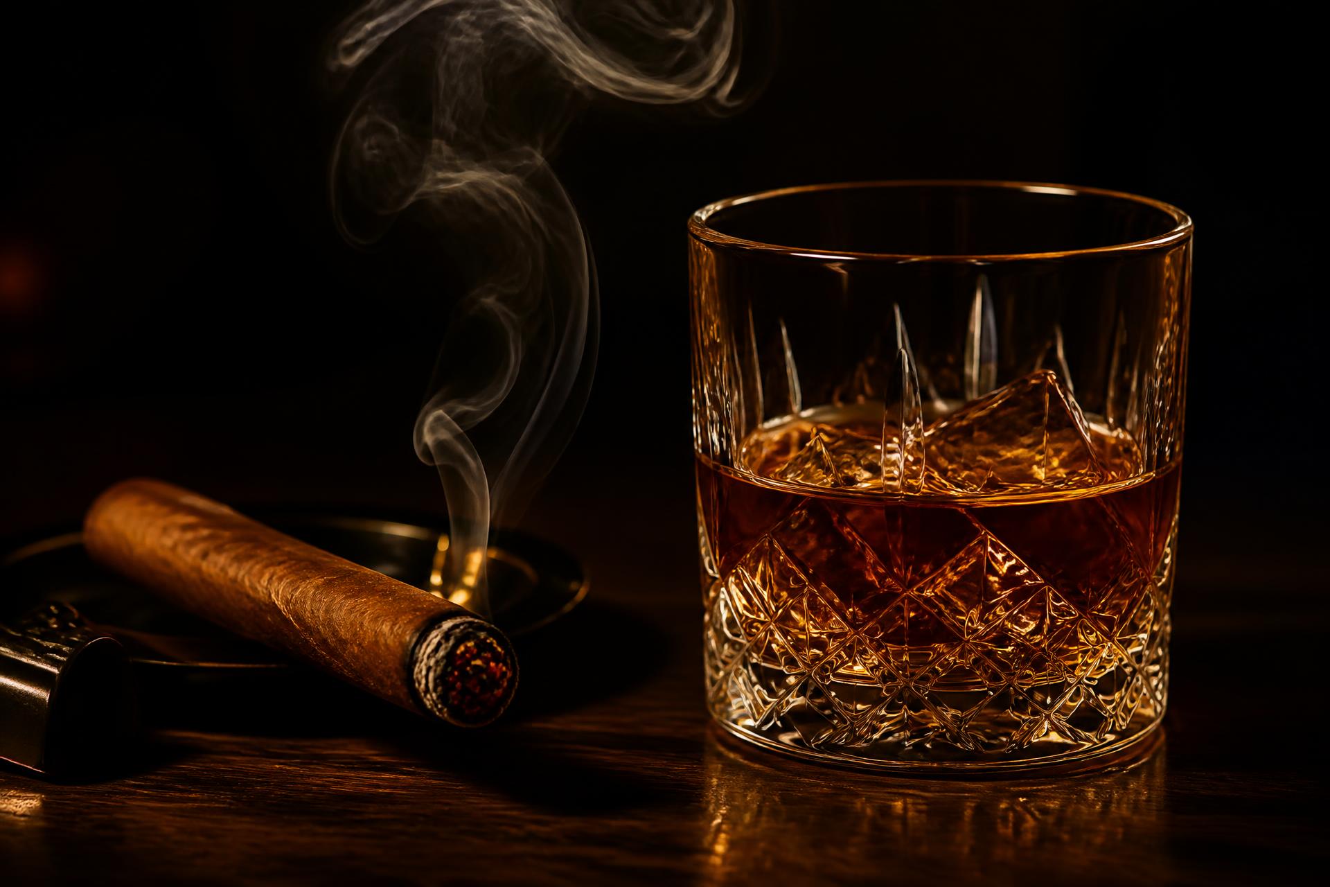 Cigar and bourbon on dark wood